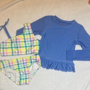 NWOT pastel plaid bikini with ruffle hem rash guard 6/6x